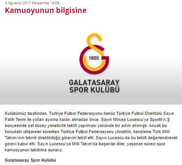 Galatasaray’dan Lucescu açıklaması