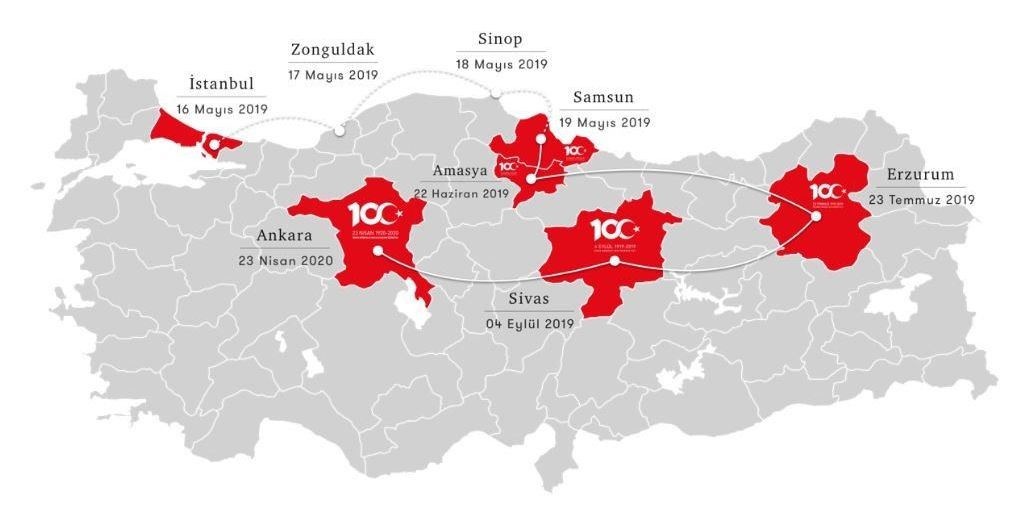100. yıl kutlamalarına ilişkin etkinlikler yıl boyunca İstanbul, Samsun, Amasya, Erzurum, Sivas ve Ankara güzergahı başta olmak üzere tüm Türkiye'de gerçekleştirilecek