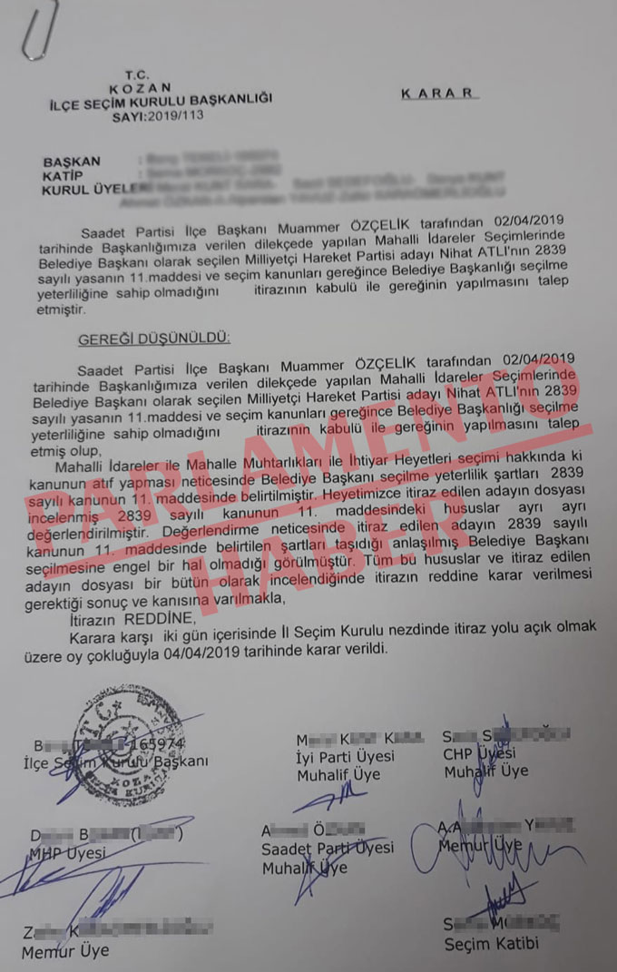 T.C Kozan İlçe Seçim Kurulu Başkanlığı 2019/113 sayılı kararı