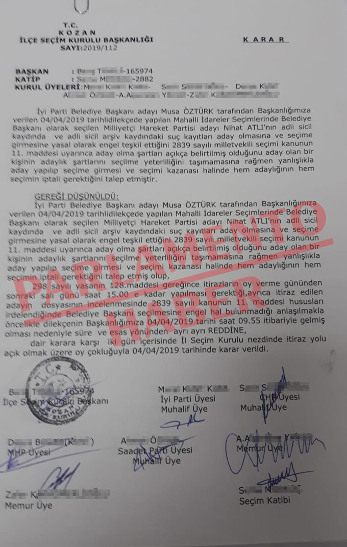 T.C Kozan İlçe Seçim Kurulu Başkanlığı 2019/112 sayılı kararı