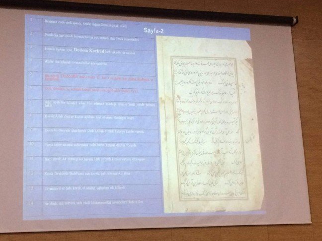 Ege Üniversitesi Türk Dünyası Araştırmaları Enstitüsü Türk Folklorü Anabilim Dalı Başkanı Prof. Dr. Metin Ekici, sempozyumda yaptığı sunumda Dede Korkut'un 3. nüshasına ait sayfaları da paylaştı. 