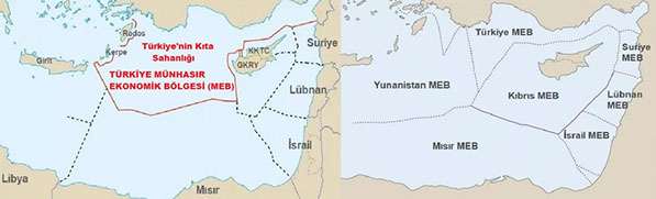 Türk akademisyenlerle Yunan-Rum ikilisi akademisyenler arasında birbirine karşıt iki harita ile Münhasır Ekonomik Bölge sınırlamaları. Yunan-Rum ikilisi akademisyenleri Türkiye’den 101.000 kilometrekare deniz alanı çalma çabasıyla harita düzenlemişlerdi (2012).
