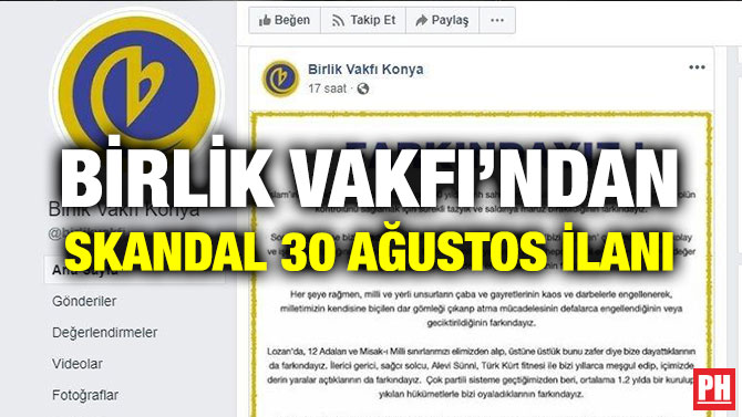 BİRLİK VAKFI’NDAN SKANDAL 30 AĞUSTOS İLANI