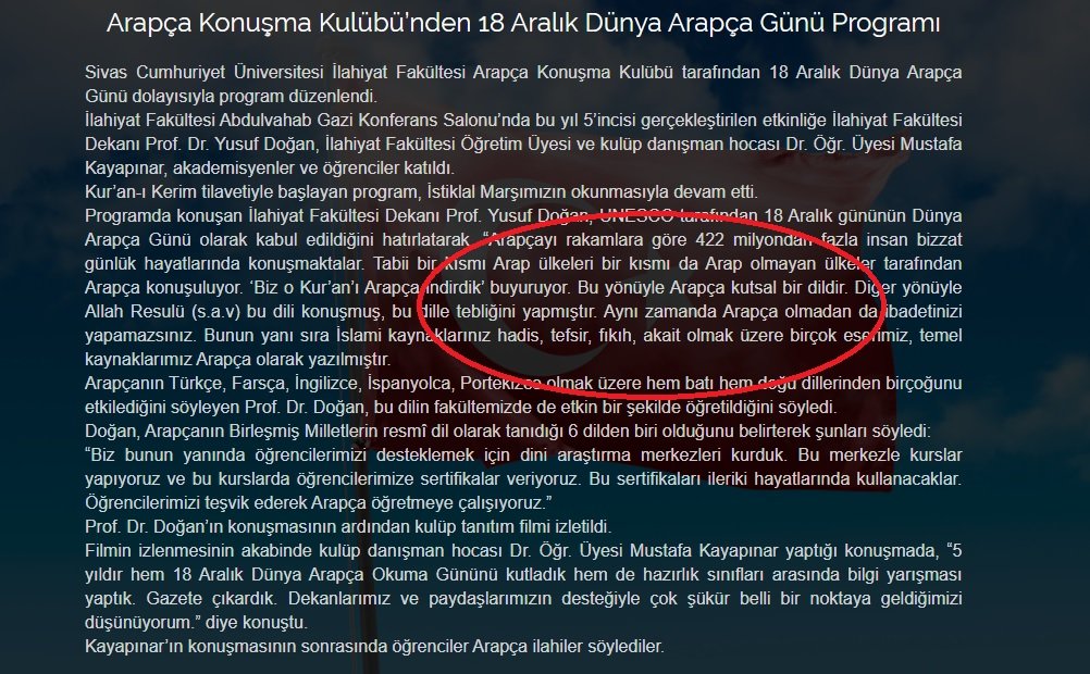 İlahiyat Fakültesi Dekanı Prof. Yusuf Doğan’ın bu sözleri üniversitenin internet sitesinde de yayınlandı.