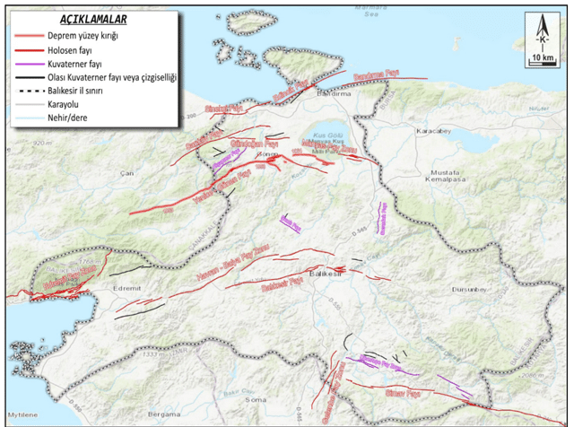 Şekil 2- Balıkesir İl Sınırları İçinde Kalan Diri Fayların Yerini Gösteren DEM Görüntüsü (Diri fay yerleri Emre vd. 2010-11’den alınmıştır).