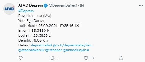 Ege Denizi açıklarında 4 büyüklüğünde bir depremin meydana geldi.