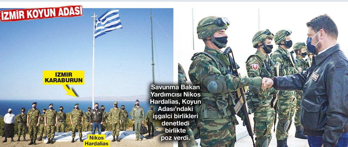 Tatbikatı adada izleyen Savunma Bakan Yardımcısı Hardalias, arkada İzmir görünecek şekilde poz verdi.