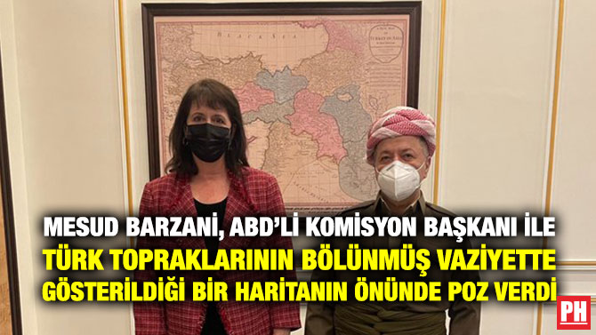 Mesud Barzani, ABD’li Komisyon Başkanı ile Türk Topraklarının Bölünmüş Vaziyette Gösterildiği Bir Haritanın Önünde Poz Verdi