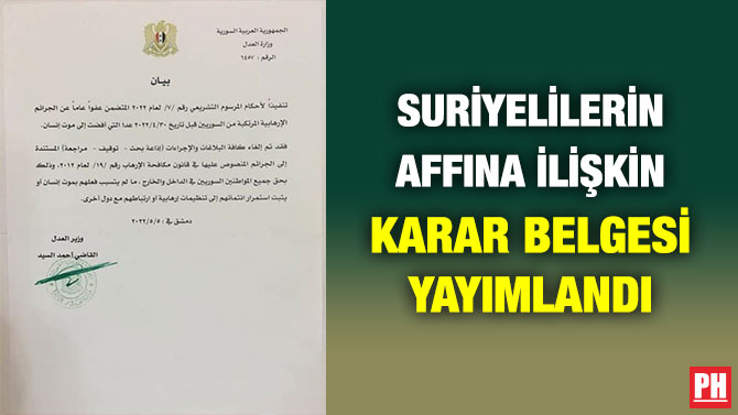 Suriyelilerin Affına İlişkin Karar Belgesi Yayımlandı